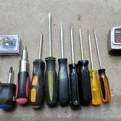 Mixed Lot of Screwdrivers, Tape Measure, and Screws