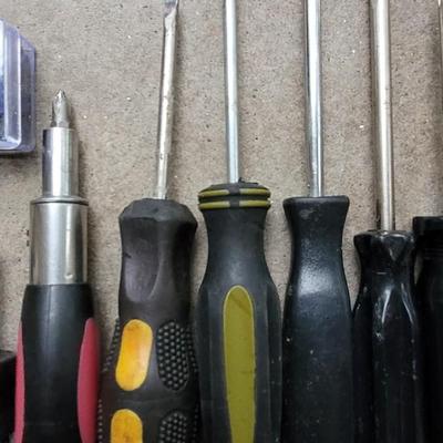 Mixed Lot of Screwdrivers, Tape Measure, and Screws