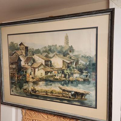 Asian Watercolor Art Village on Water Signed