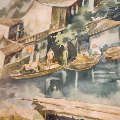 Asian Watercolor Art Village on Water Signed