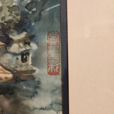 Asian Watercolor Art Village on Water Signed