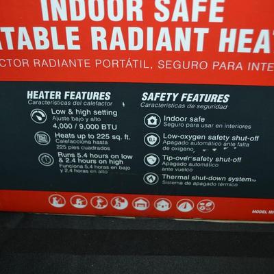 LOT 28. PORTABLE BUDDY. MR HEATER INDOOR SAFE RADIANT HEATER
