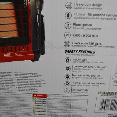LOT 28. PORTABLE BUDDY. MR HEATER INDOOR SAFE RADIANT HEATER