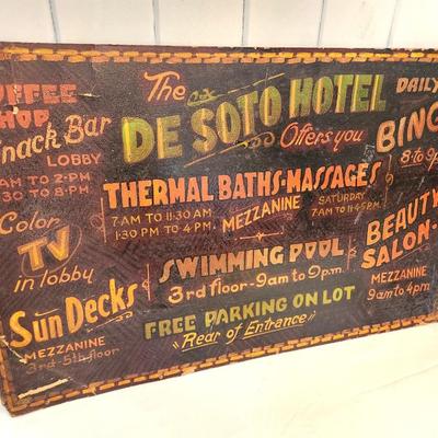 Lot #195  Fantastic Vintage Hot Springs Arkansas DeSoto Hotel Sign