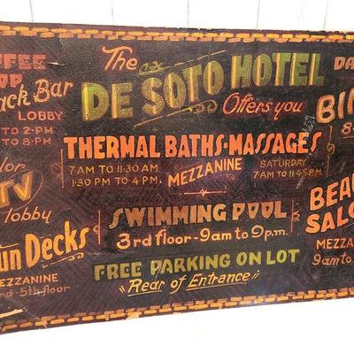 Lot #195  Fantastic Vintage Hot Springs Arkansas DeSoto Hotel Sign