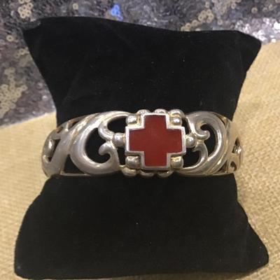 925 Sterling Silver Red Cross Cuff Bracelet