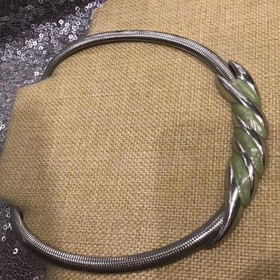 Silver Tone Green Enamel Necklace