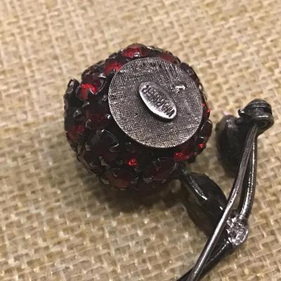 Vintage Warner Ruby Red Rhinestones Cherry On The Branch Women's Brooch Pin