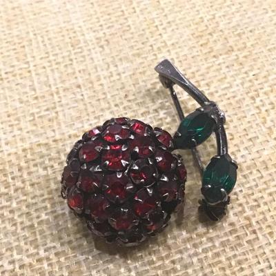 Vintage Warner Ruby Red Rhinestones Cherry On The Branch Women's Brooch Pin