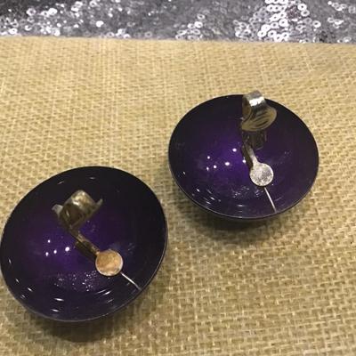 Vintage Round Purple Clip-on Earrings, Domed  Metal Vintage