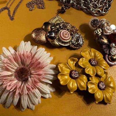 Gold tone Locket and Flower brooches