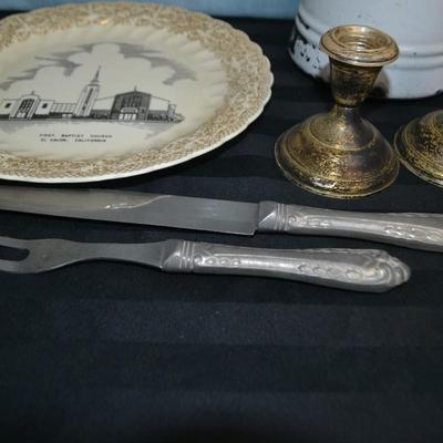 LOT 56  VINTAGE COFFEE POT, CANDLE STICKS, CARVING SET