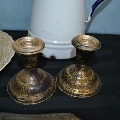 LOT 56  VINTAGE COFFEE POT, CANDLE STICKS, CARVING SET