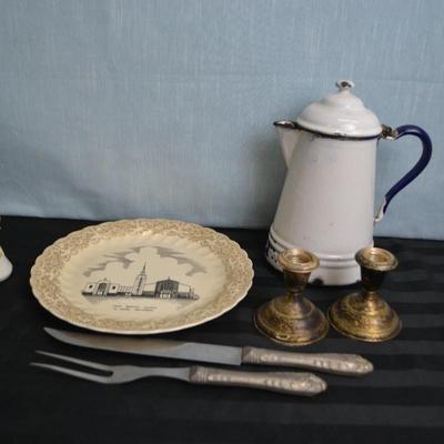 LOT 56  VINTAGE COFFEE POT, CANDLE STICKS, CARVING SET