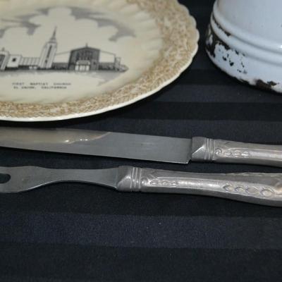 LOT 56  VINTAGE COFFEE POT, CANDLE STICKS, CARVING SET