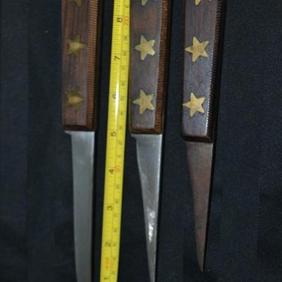 LOT 57. THREE VINTAGE FOSTER BROS KNIVES WITH STAR EMBOSSED WOOD HANDLES