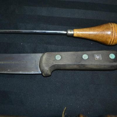 LOT 60. KNIFE, AWL AND KNIFE SHARPENER