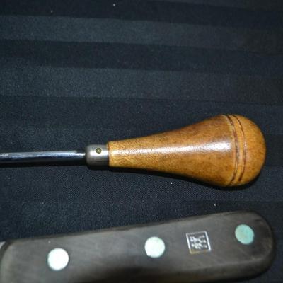 LOT 60. KNIFE, AWL AND KNIFE SHARPENER