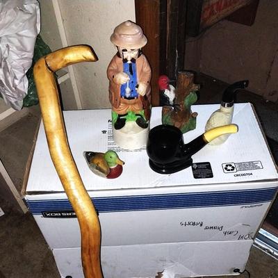 WOODEN WALKING STICK-MAN DECANTER-PIPE CUP-MORE