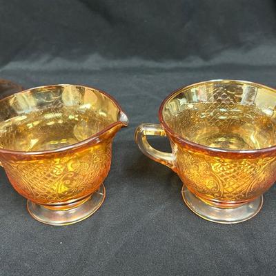 Vintage Iridescent Marigold Carnival Glass Cream and Sugar with Tray Normandie by Federal Glass