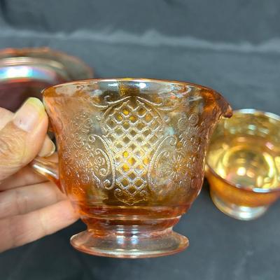 Vintage Iridescent Marigold Carnival Glass Cream and Sugar with Tray Normandie by Federal Glass