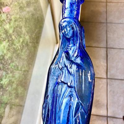 Lady of Guadalupe Cobalt blue holy water bottle.