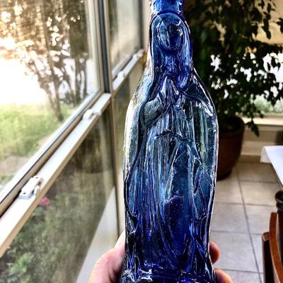 Lady of Guadalupe Cobalt blue holy water bottle.