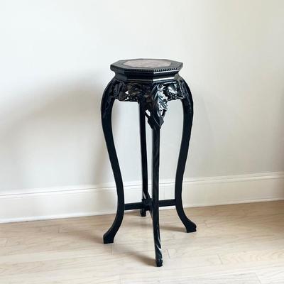 Hand Carved Ebony Wood Plant Stand With Marble Top