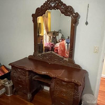 Heavily Carved Wood Dresser with Mirror