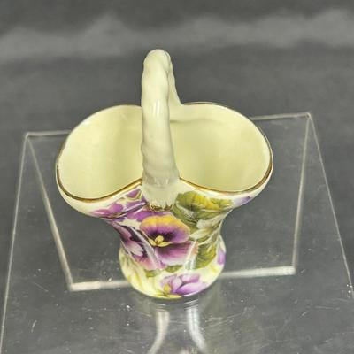 Miniature Ceramic Porcelain Basket Purple Pansy Violet Flower Chintz