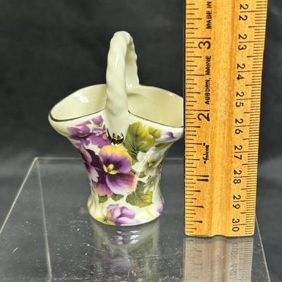 Miniature Ceramic Porcelain Basket Purple Pansy Violet Flower Chintz
