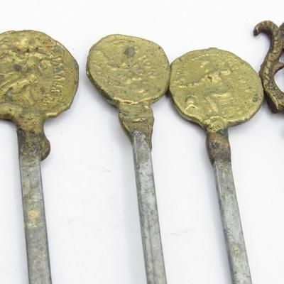 Vintage Brass Mid Century Metal Shish Kabob Presentation Skewers Axe Head, Trident, Coins, & More