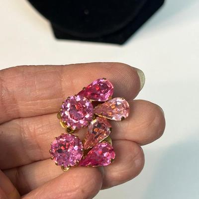 Vintage Brilliant Pink Rhinestone Clip Style Costume Fashion Earrings Made in Austria