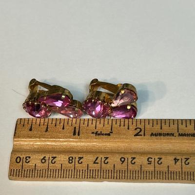 Vintage Brilliant Pink Rhinestone Clip Style Costume Fashion Earrings Made in Austria