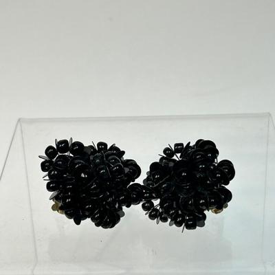 Vintage Black Bead and Sequin Cluster Clip Style Earrings