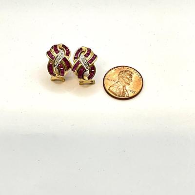 769 14k Yellow Gold Ruby and Diamond Pierced Omega Back Earrings