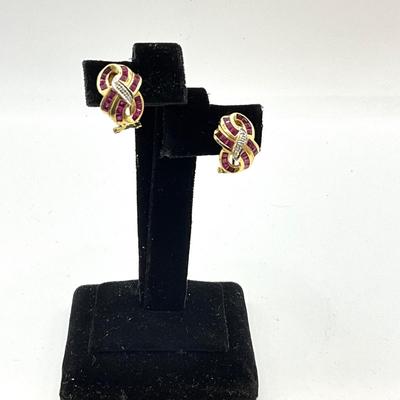 769 14k Yellow Gold Ruby and Diamond Pierced Omega Back Earrings