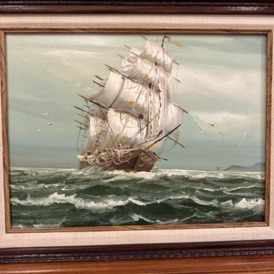 Vintage Ship at Sea Painting