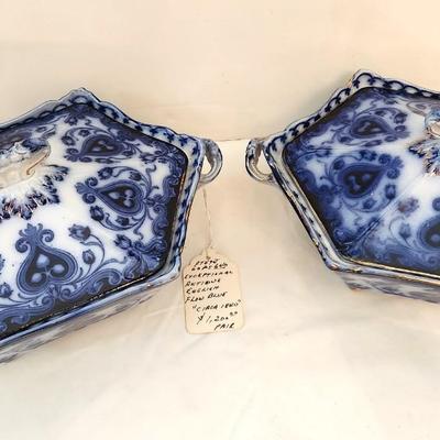 Lot #226  Amazine Pair of Antique English Flow Blue Tureens - ca. 1840