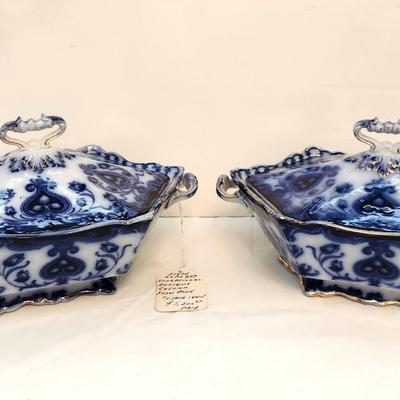 Lot #226  Amazine Pair of Antique English Flow Blue Tureens - ca. 1840
