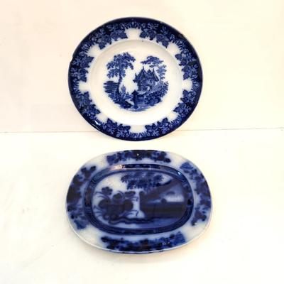 Lot #231  Lot of 2 Pieces of English Flow Blue - Plate, small platter