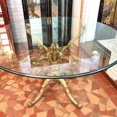 Lot #232  Beautiful Round Tempered Glass Dining Table with Gold Metal Mase