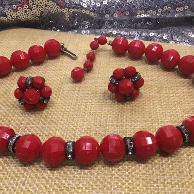 Vintage Red Necklace, Earrings, and Rhinestone