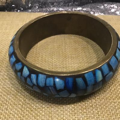 Brass Bangle Blue Stone Inlay