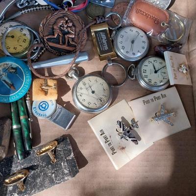 LARGE COLLECTION OF POCKET KNIVES, WATCHES, LAPEL PINS, SPACE STICKERS/PATCHES & MORE