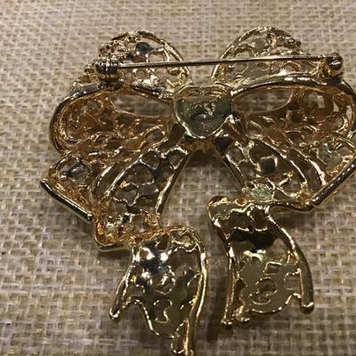 Smithsonian Institute Brooch Pin Gold Tone Bow with Rhinestones
