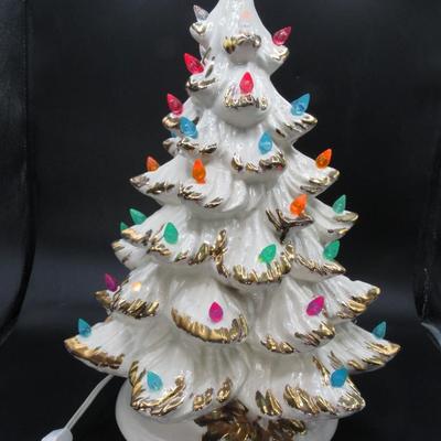 Vintage White Ceramic Light Up Christmas Tree Plastic Colored Bulbs