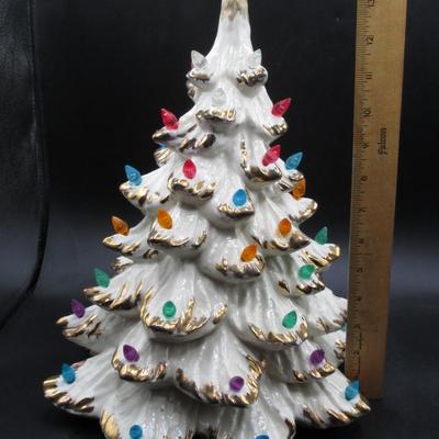 Vintage White Ceramic Light Up Christmas Tree Plastic Colored Bulbs