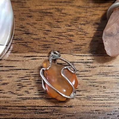 E: Pendants lot - Paua Shell, Dendritic & Fire Quartz, Carnelian, Prehnite