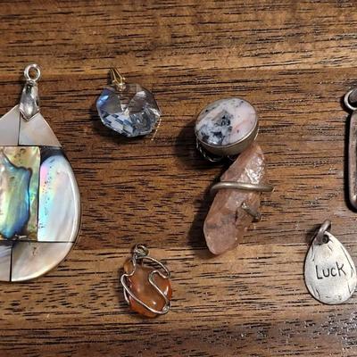 E: Pendants lot - Paua Shell, Dendritic & Fire Quartz, Carnelian, Prehnite